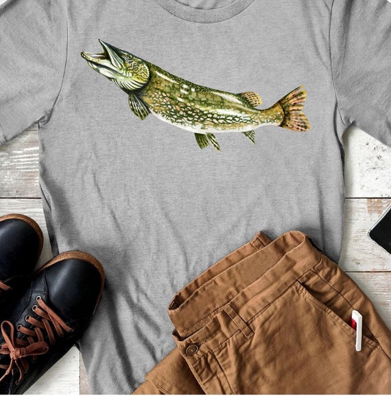 Mens Fishing Fish Illustrated Pike T Shirt, Short Sleeved, in White or Grey  -  Canada