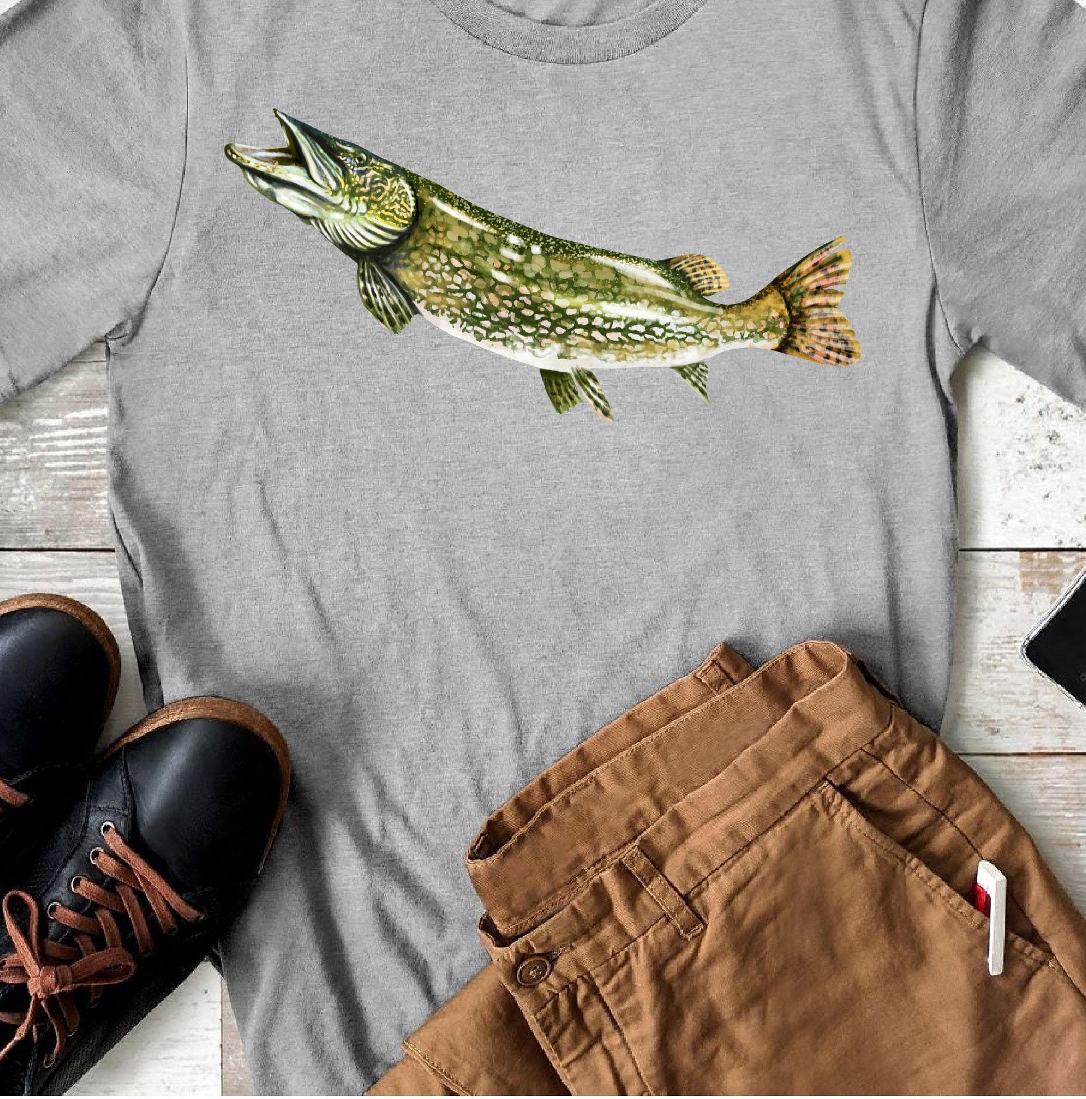 Mens Fishing Fish Illustrated Pike T Shirt, Short Sleeved, in White or Grey