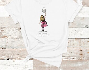 Alice in Wonderland slogan printed white classic womans t shirt. Short sleeved