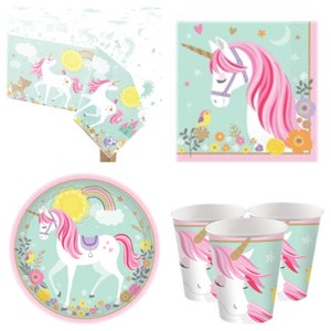 Magical unicorn complete party pack for 16 guests cups, plates, napkins and tablecover