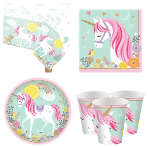 Paquete de fiesta completo de unicornio mágico para 8 invitados tazas, platos, servilletas y mantel, juego gratuito de pegatinas a juego