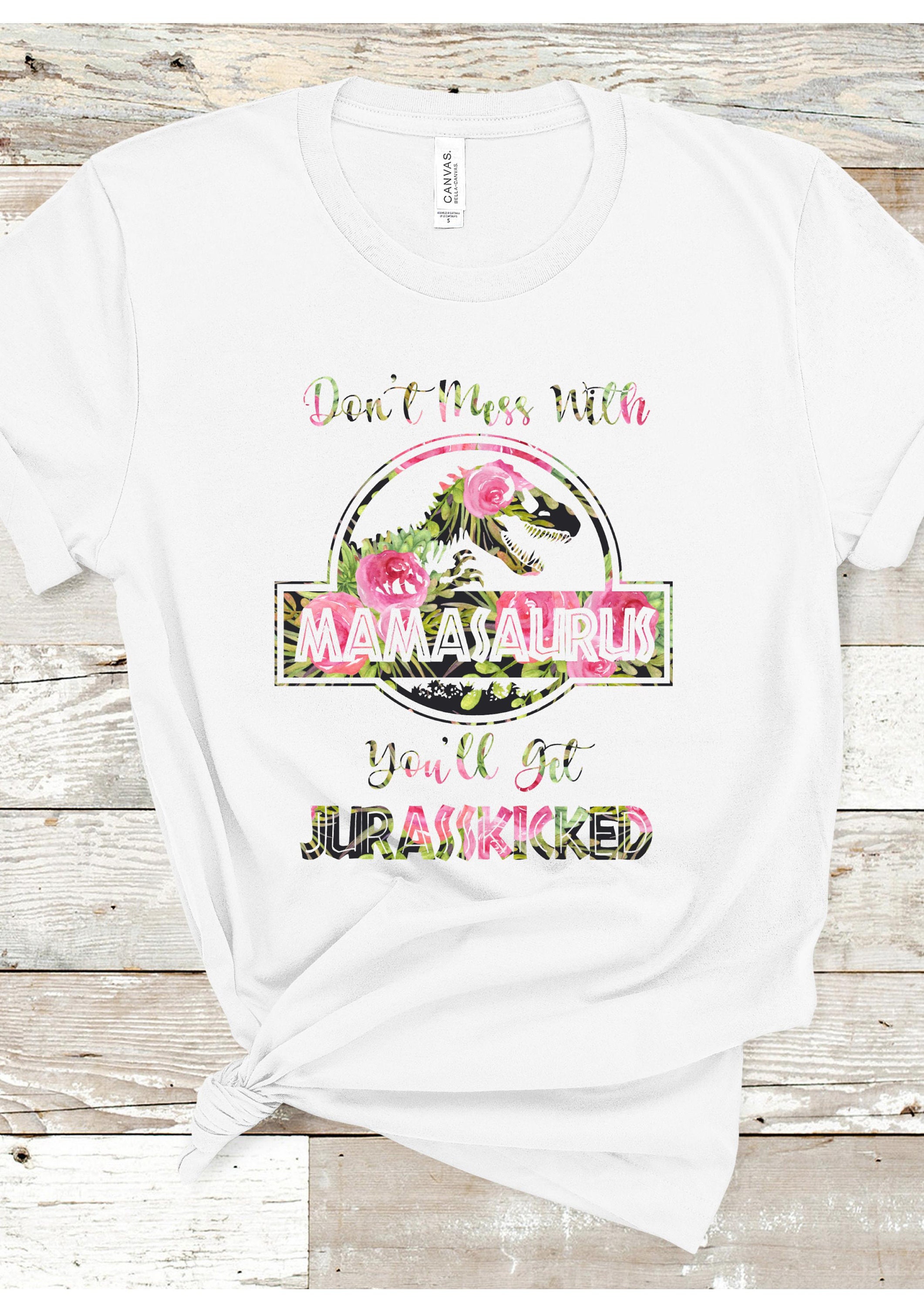 Discover Mamasaurus dinosaur slogan printed white womans classic t shirt, short sleeved