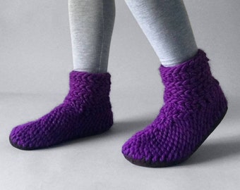 Purple Merino Wool Bootie Slippers: Fur Lined, Leather Sole
