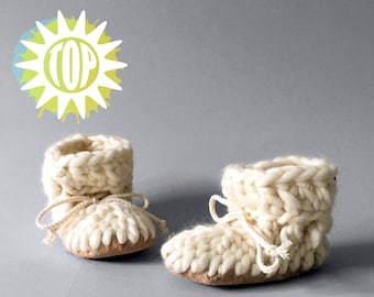 Cream Baby Slippers with Leather Soles, White Crib Shoes, Merino Wool Baby Slippers, Handmade in Canada, Waldorf Slippers