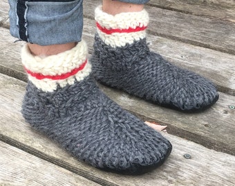 Merino Wool Sock Monkey Slipper Booties: Gray Home Shoes with Leather Sole