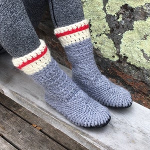 Men's Merino Wool Slipper Sock with Red Stripe, Boot Slippers with Leather Sole, Fur Lining, Sock Monkey Adult Padraig Slippers Eco Friendly