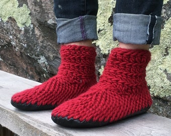 Red Merino Wool Slipper Socks: Shearling Lined Leather Sole Booties