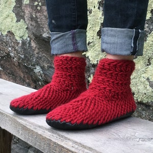 Red Slipper Socks with Leather Sole, Made in Canada Furry Slipper Booties, Eco Friendly Merino Wool Shoes Shearling Lining, Adult Padraigs