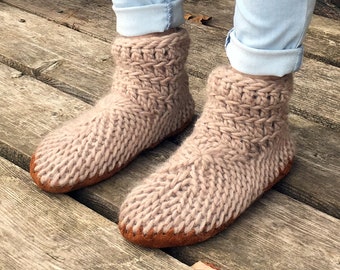 Boho Beige Merino Wool Slippers with Leather Sole, Cozy Slipper Booties Handmade in Canada, Adult Padraigs, Warmest Fur Lined Slippers Boots