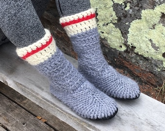 Merino Wool Slipper Boots, Fur Lined Leather Sole, Sock Monkey Design, Made in Canada