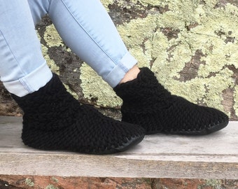 Black Bootie Slipper Socks for Women- Merino Wool Slippers with Soles, Black Wool Slipper Boot, Fur Lining, Padraig Style Slipper for Adults