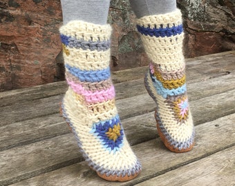 Handmade Merino Wool Boot Slippers: Pastel Colors, Fur Lined, Leather Sole