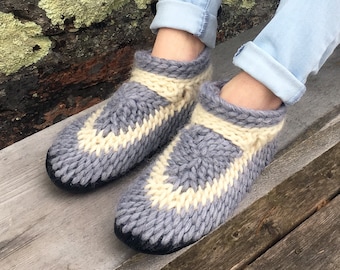Handmade Merino Wool Cottage Slippers: Minimalist Ankle Booties, Leather Sole, Shearling Lined