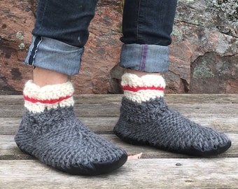 Merino Wool Work Sock Slipper Boots with Leather Sole, Shearling Slippers, Slipper Sock with Red Stripe, Cozy Gift Idea, Durable Home Shoes