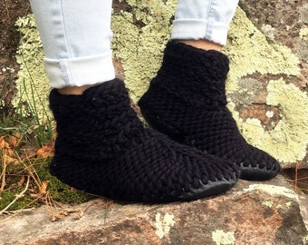 Black Slipper Booties - Merino Wool Slipper Socks with Leather Soles, Black Wool Bootie Slipper, Fur Lining, Ankle Slippers, Padraig Slipper