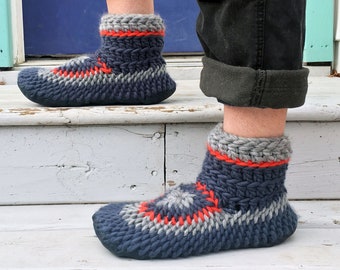 Blue Merino Wool Slipper Booties for Women and Men with Leather Sole, Fur Lined Slippers, Eco Friendly Knitted Booties, Adult Padraigs,