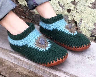 Cute House Slippers - Green Merino Wool with Fur Lining and Leather Sole, Handmade in Canada