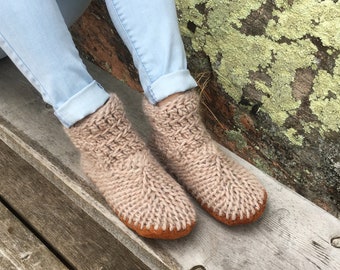 Beige Merino Wool Slippers with Shearling Lining & Reclaimed Leather Soles – Cozy, Eco-Friendly Handmade House Shoes, Perfect Gift for Her