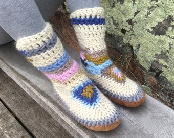 Boho Pastel Merino Wool Slipper Boots: Fur Lined with Leather Sole, Handmade in Canada