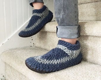 Merino Wool Slipper Socks with Sole, Blue Bootie Slippers Men, Knitted Wool Slippers Women, Crochet Eco Friendly Adult Padraig Slippers,