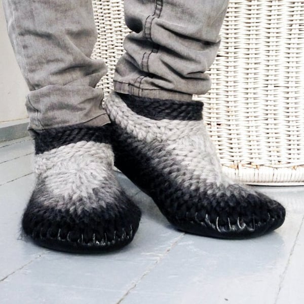 Sustainable Merino Wool Slippers with Leather Sole, Black Crochet Booties Men, Knitted Slippers Women, Eco Friendly Adult Padraig Slippers