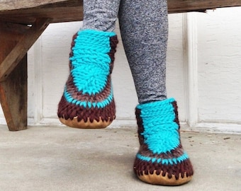 Best Merino Wool Slippers with Leather Sole, Boho Slipper Booties, Crochet Knit House Shoes, Eco Friendly Turquoise Boots, Adult Padraigs