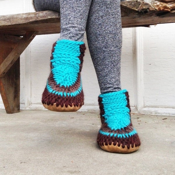 Best Merino Wool Slippers with Leather Sole, Boho Slipper Booties, Crochet Knit House Shoes, Eco Friendly Turquoise Boots, Adult Padraigs