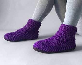Purple Merino Wool Slipper Booties: Crochet Fur Lined Leather Sole