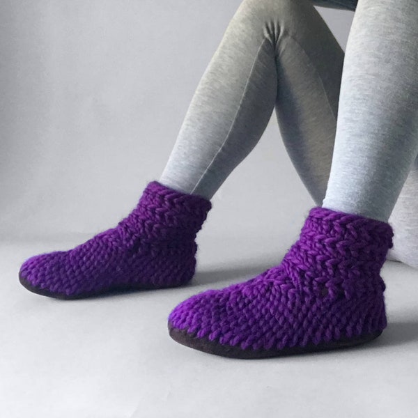 Pantoufles confortables pour femmes, chaussettes violettes, semelles écologiques en laine mérinos, pantoufles en cuir à doublure en fourrure, Padraigs