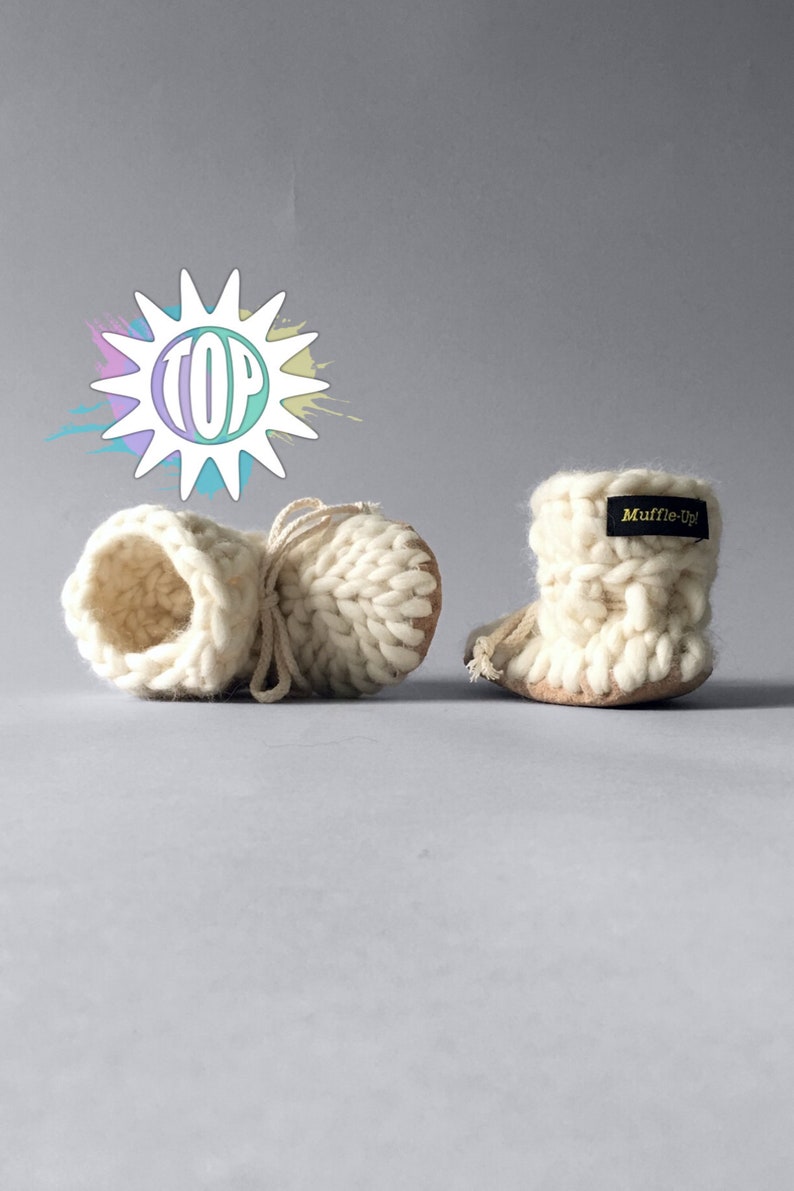 White Merino Wool Baby Booties with Leather Soles, Eco Friendly Baby Gift Idea, Made in Canada Baby Gift, Soft White Crib Shoes for Newborn image 1