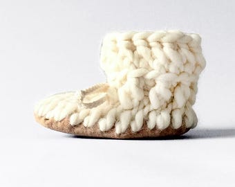 Merino Wool Baby Booties: White Crib Shoes with Leather Soles