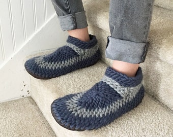 Men's Blue Merino Wool Slippers with Leather Sole – Adult Padraig Slippers, Merino Wool House Shoes with Fur Lining, Eco Friendly Slippers