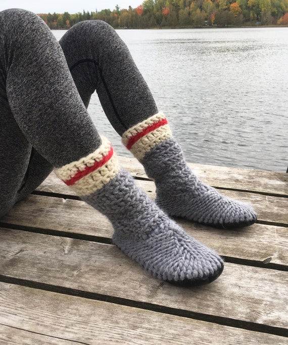 Merino Wool Sock Slippers With Red Stripe, Roots Slippers, Adult Padraigs,  Sock Monkey Slippers, Bootie Slippers With Sole, Slipper Boots 
