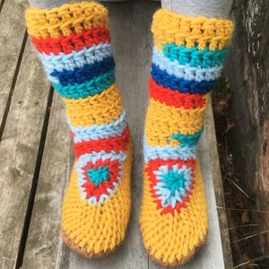 Orange Slipper Boots, Crochet Cottage Slippers, Padraig Slippers, Muffle-Up Slippers, Leather Sole, Handmade, Merino Wool Yellow Slippers