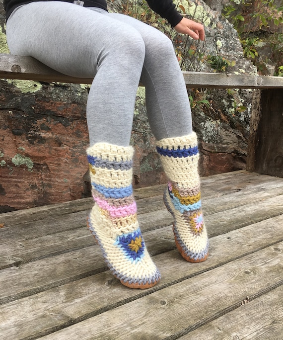 Funky Boho Slipper Boots Women, Eco Friendly Furry Slipper Booties With  Leather Sole, Fur Lined Home Shoe Made in Canada, Adult Padraigs 