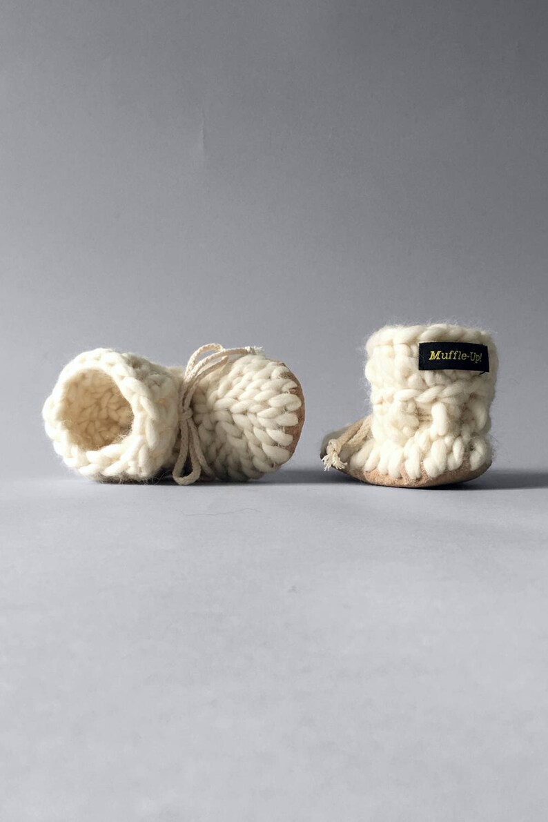 White Merino Wool Baby Booties with Leather Soles, Eco Friendly Baby Gift Idea, Made in Canada Baby Gift, Soft White Crib Shoes for Newborn image 2