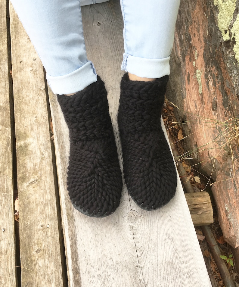Black Slipper Boots Merino Wool Slipper Socks with Leather Etsy