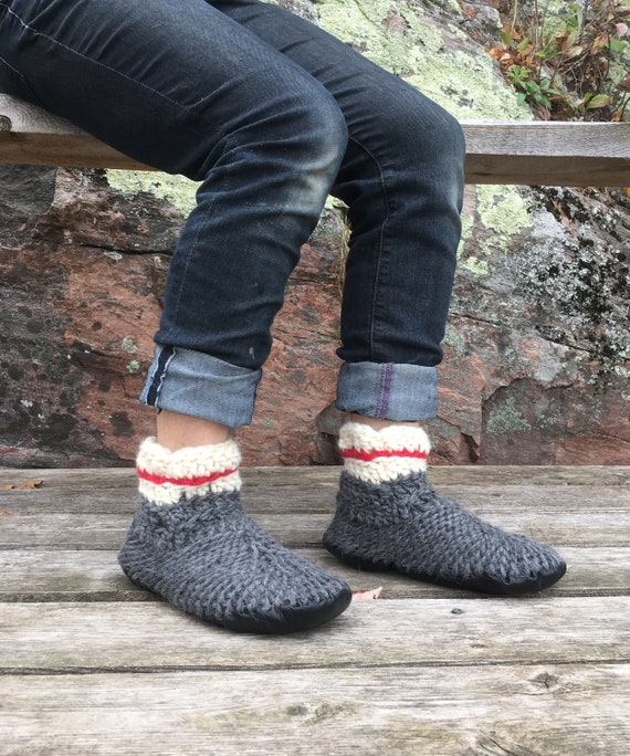 Merino Wool Sock Slippers With Red Stripe, Roots Slippers, Adult Padraigs,  Sock Monkey Slippers, Bootie Slippers With Sole, Slipper Boots 