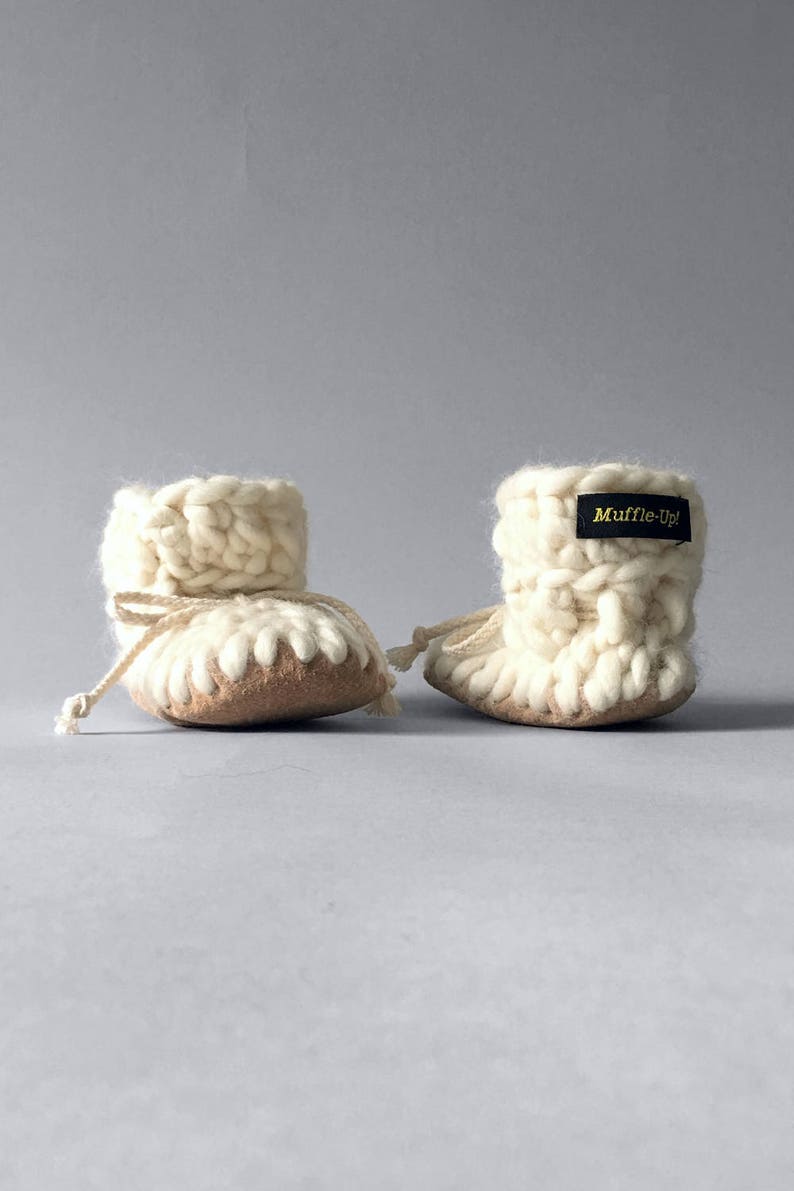 White Merino Wool Baby Booties with Leather Soles, Eco Friendly Baby Gift Idea, Made in Canada Baby Gift, Soft White Crib Shoes for Newborn image 7