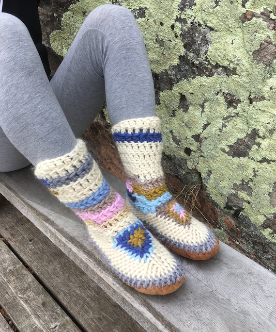 Funky Boho Slipper Boots Women Eco Friendly Furry Slipper Booties With Leather Sole Fur Lined Home Shoe Made in Canada Adult Padraigs Etsy Canada