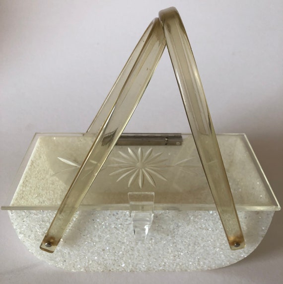 1950's Clear Carved top, Lucite Double Handle Han