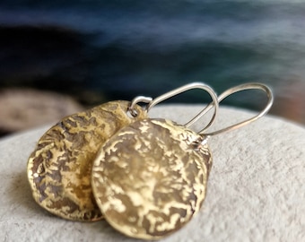 Rustic, hammered brass earrings. Textured dangle earrings. Organic, natural style earrings. Gold drop earrings. Boho gifts. Surfer style.