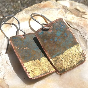 Oxidized Copper Dangle Earrings: 24k Gold Leaf, Artisan Jewelry