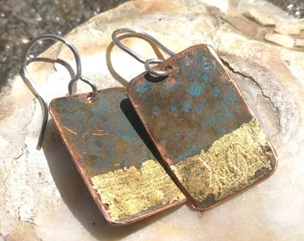 Blue oxidised copper rustic, textured drop / dangle  earrings with 24ct gold leaf. Artisan jewellery. Textured rustic style Turquoise /gold