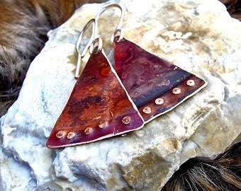 Rustic burnt recycled copper / mixed metal warrior tribal style triangle shape textured drop earrings. Scorched red copper. Red patina.