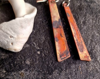 Rustic burnt recycled copper angular style dangly earrings. Hammered textured drop earrings. Scorched rust tones. Autumnal colours.