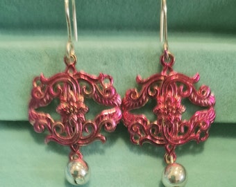 Upcyled bright pink and silver tone. boho, dangly earrings. Drop earrings. Festival, holiday jewellery.