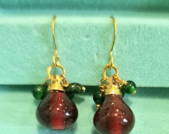 Upcycled deep red and gold tone. boho, dangly earrings. Drop earrings. Festival, holiday jewellery.