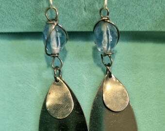 Upcyled pale blue and silver tone. boho, dangly earrings. Drop earrings. Festival, holiday jewellery.