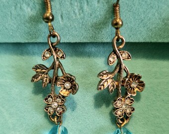 Upcyled sky blue and light gold tone. boho, dangly earrings. Drop earrings. Festival, holiday jewellery.